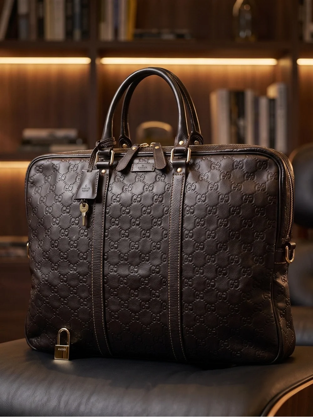 GUCCI Embossed GUCCISIMA Leather Briefcase - Dark Brown PROFESSIONAL